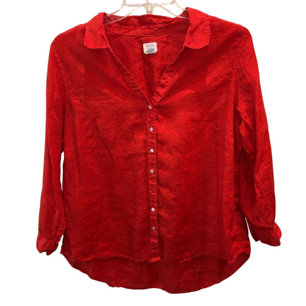 Sigrid Olsen Womens Plus Size 1X Red 100% Linen Relaxed Button Up Blouse Shirt